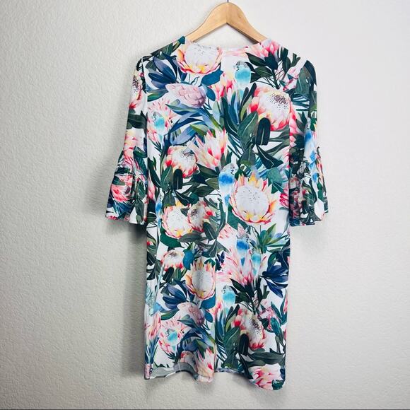 H&M Womens Dress Size 4 White Floral Ruffle Sleeve Viscose Tropical - Picture 2 of 8